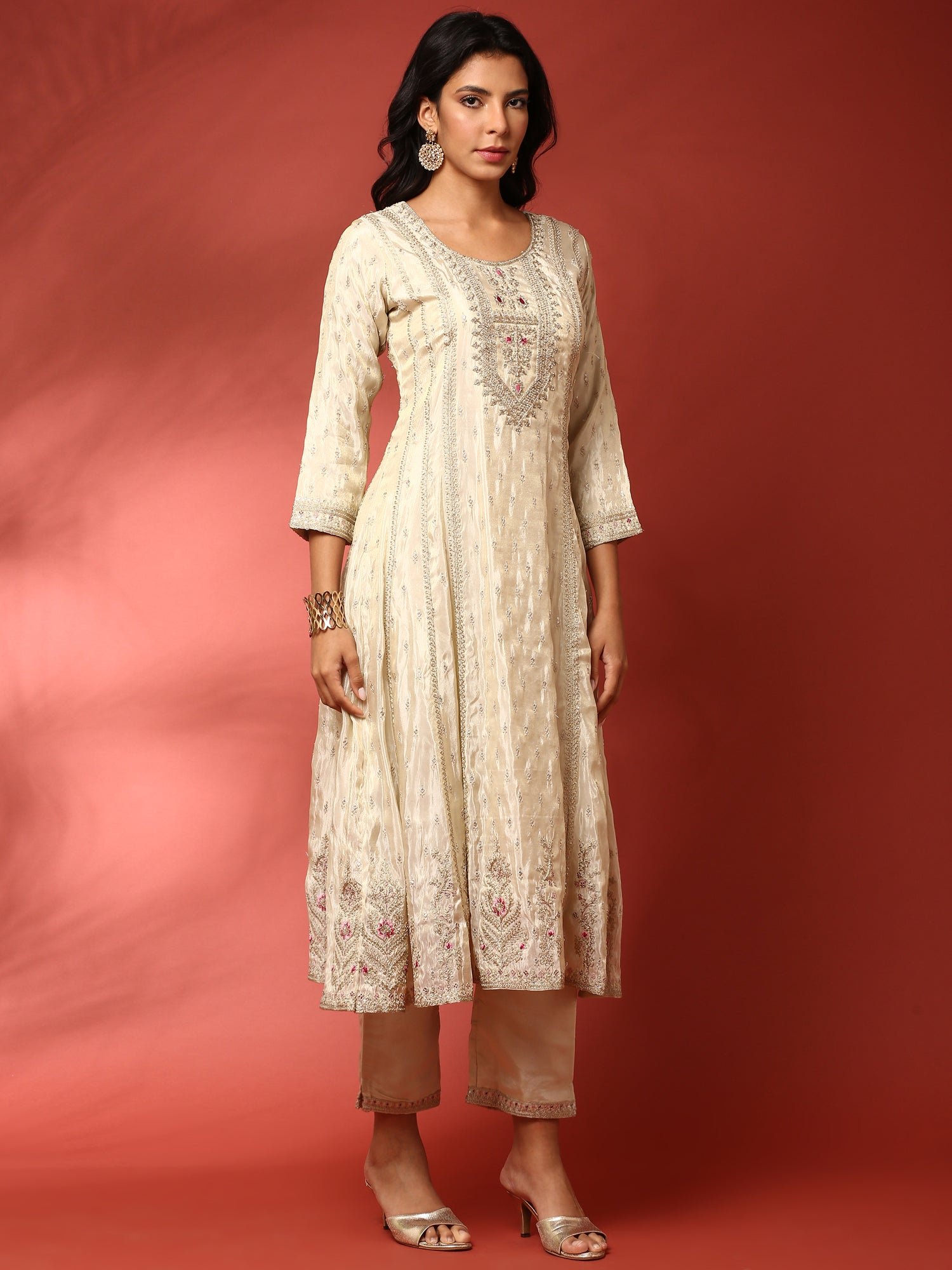 Beige three piece tissue silk hand embroidered anarkali set - Image 2