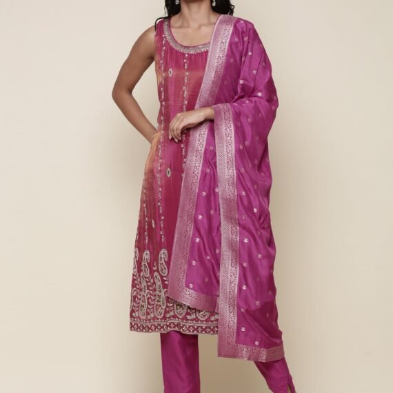 Magenta Tissue suit embroidered three piece set