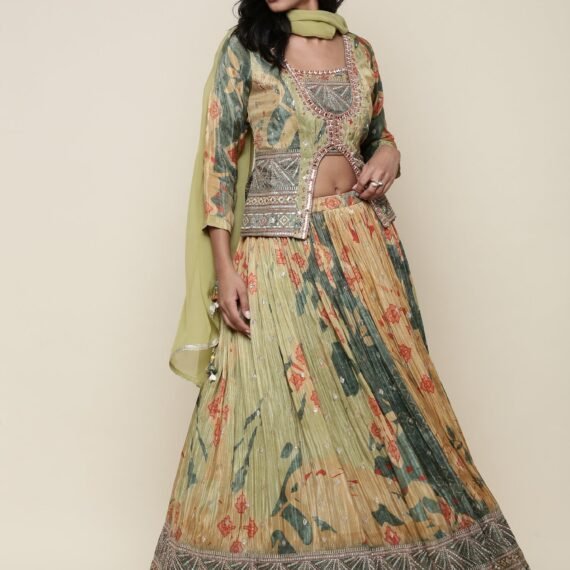Green tissue embroidered jacket ghagra set