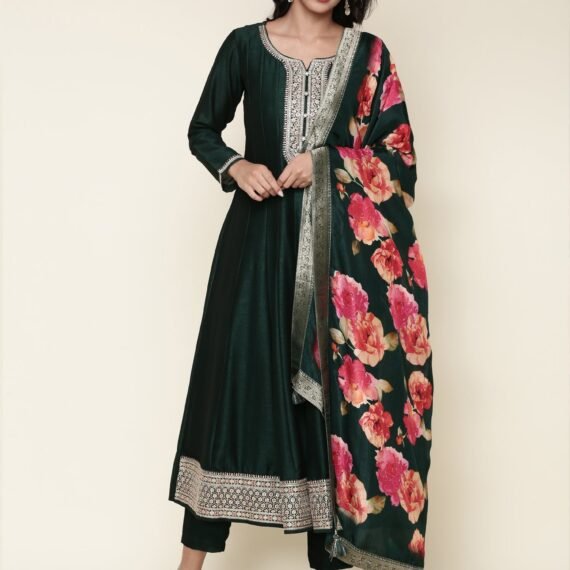 Bottle green silk anarkali embroidered three piece suit set