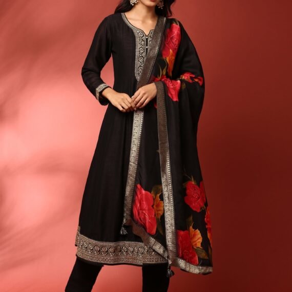 Black Vichitra silk aari embroidered three piece anarkali set
