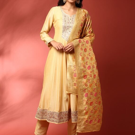 Yellow silk embroidered Three piece anarkali set