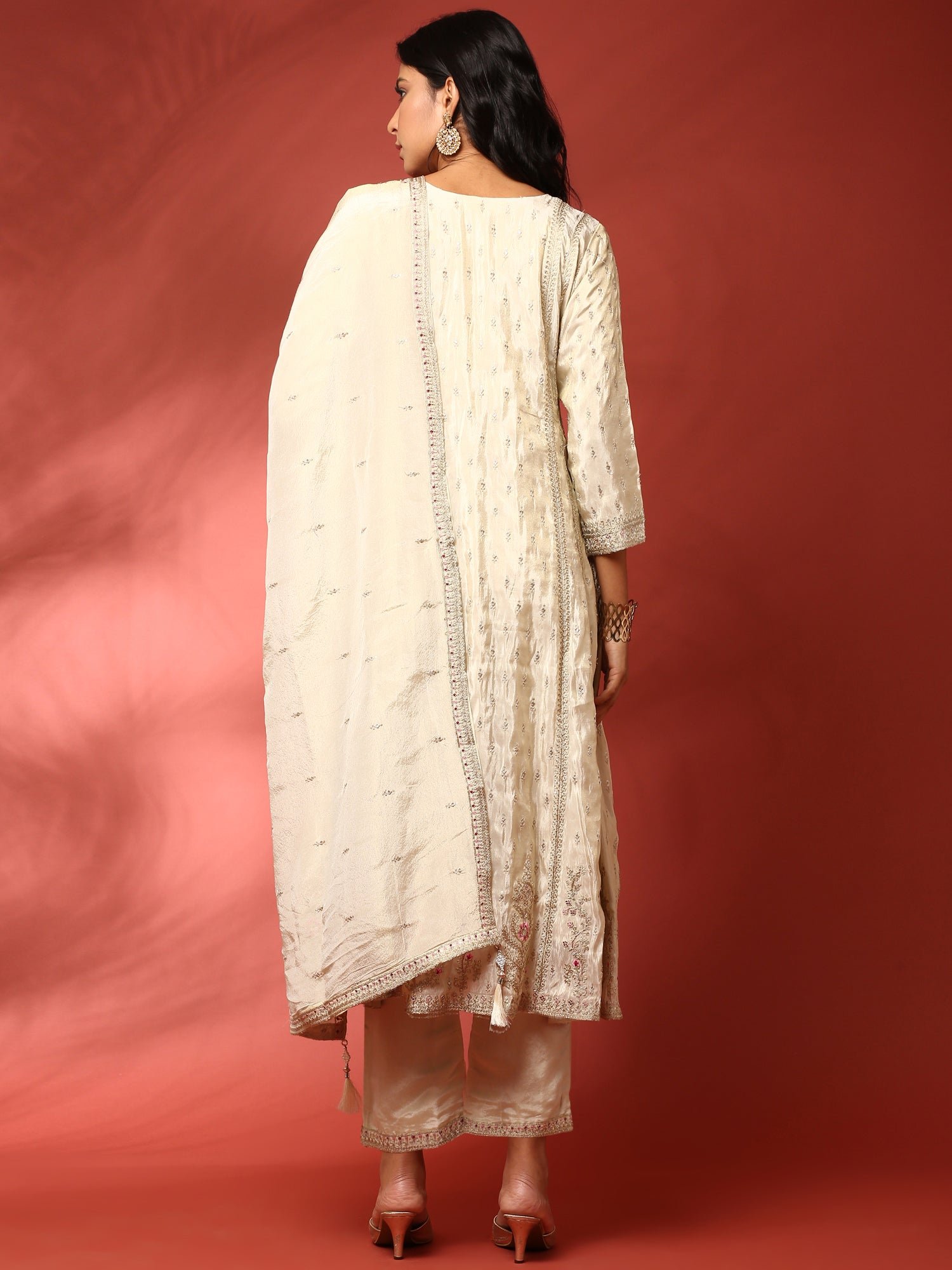 Beige three piece tissue silk hand embroidered anarkali set - Image 3