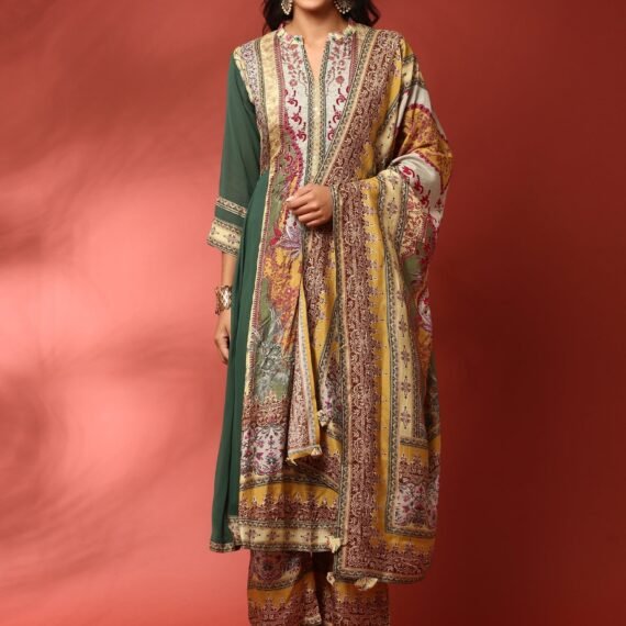Green and Mustard digital printed embroidered anarkali three piece set