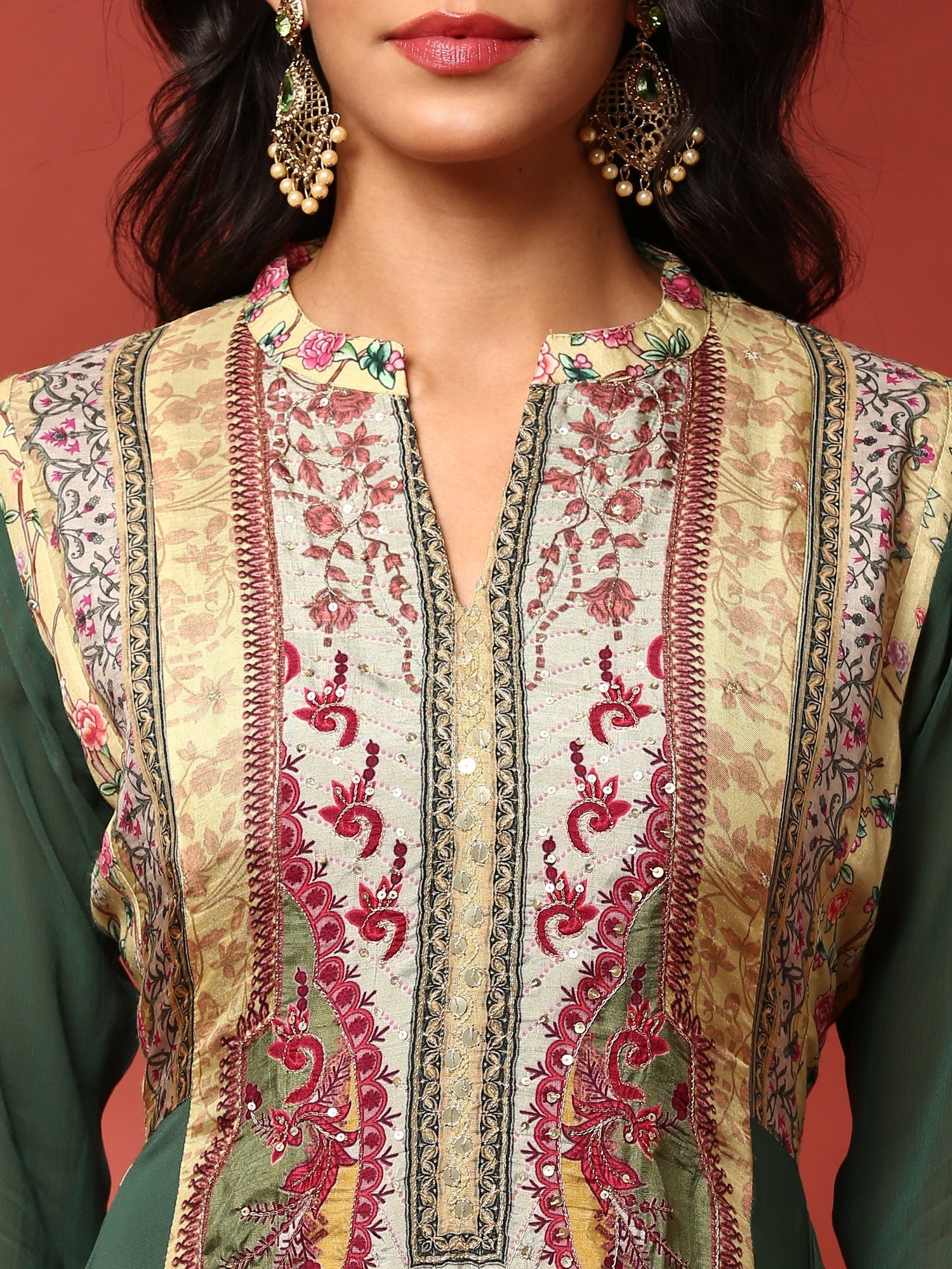 Green and Mustard digital printed embroidered anarkali three piece set - Image 5