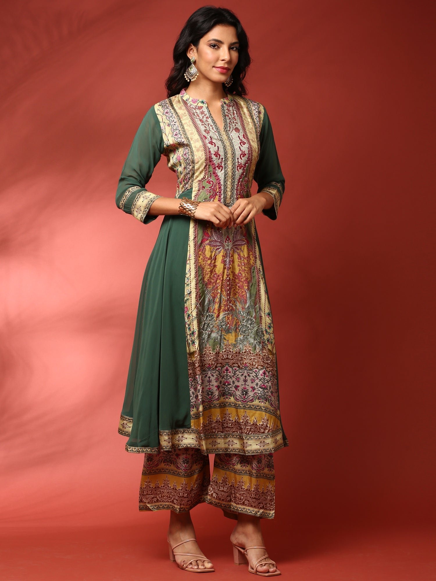 Green and Mustard digital printed embroidered anarkali three piece set - Image 2