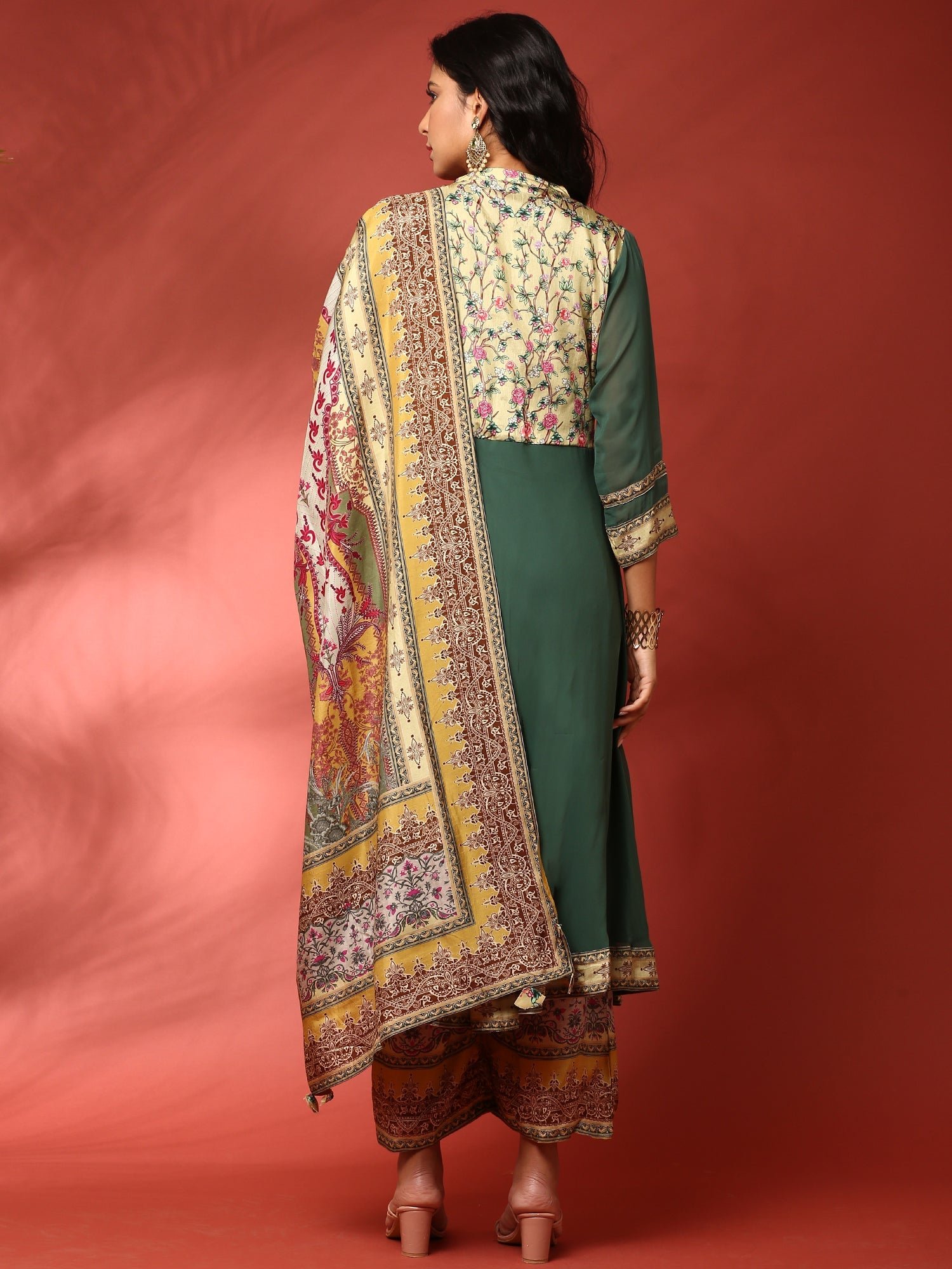 Green and Mustard digital printed embroidered anarkali three piece set - Image 3