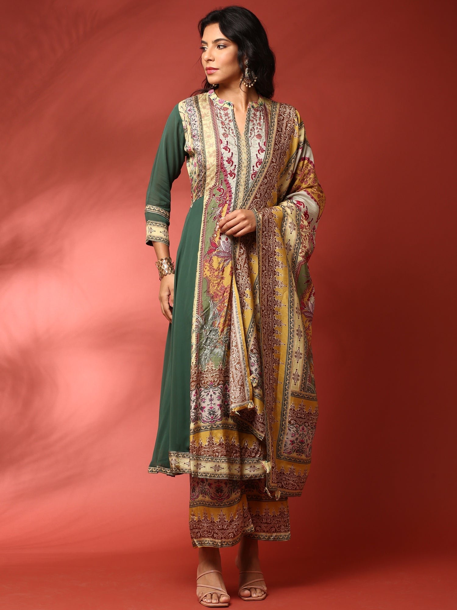 Green and Mustard digital printed embroidered anarkali three piece set - Image 8