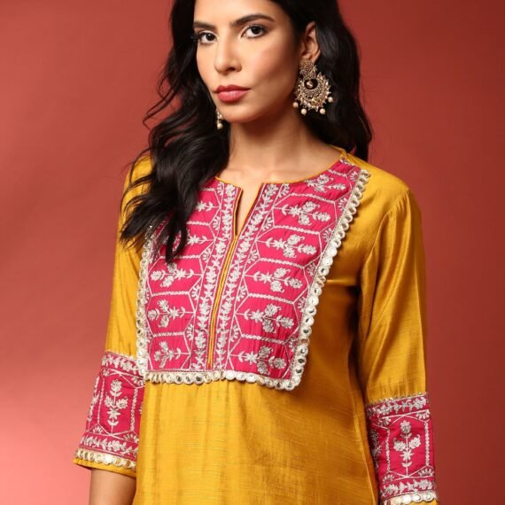 Mustard and Pink Silk Fabric Aari embriodery two piece cord set