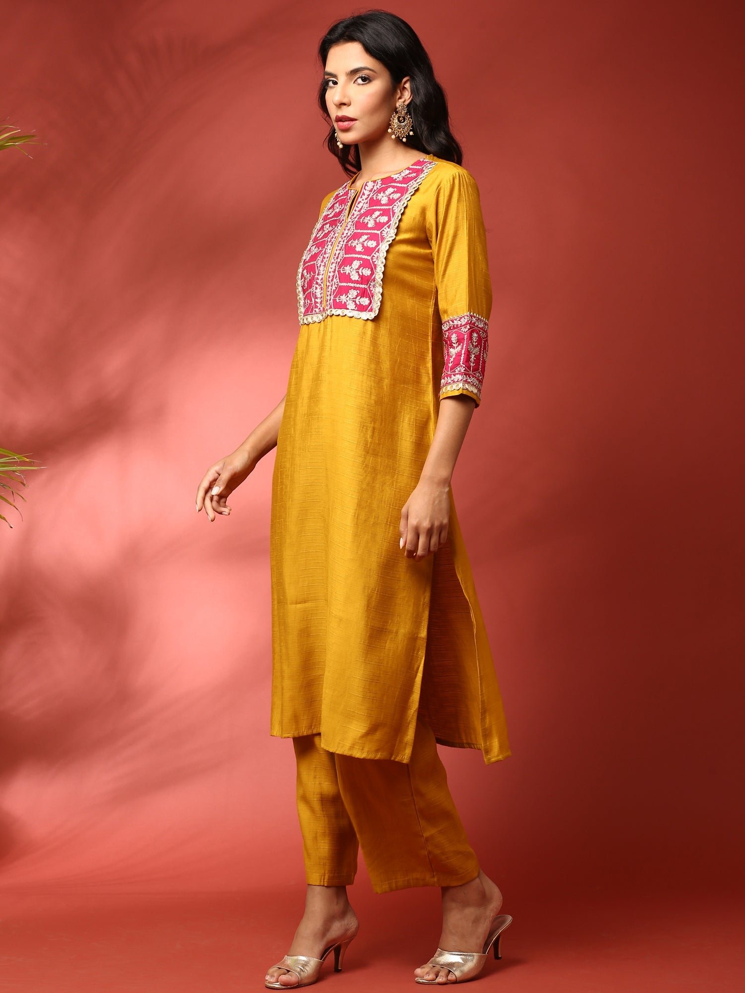 Mustard and Pink Silk Fabric Aari embriodery two piece cord set - Image 2