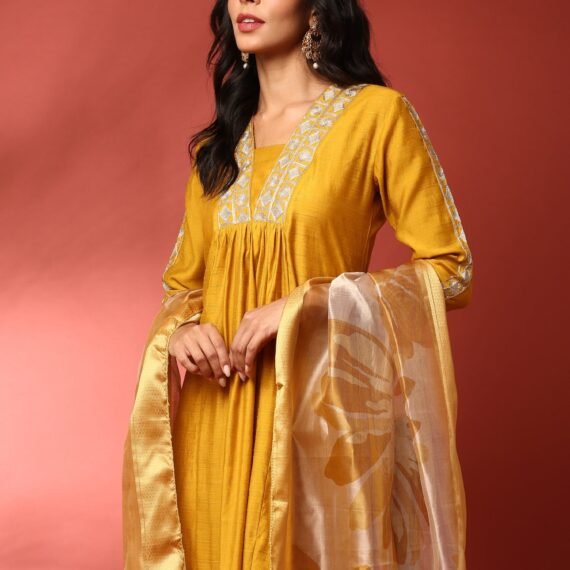 Mustard Silk embroidered three piece suit set