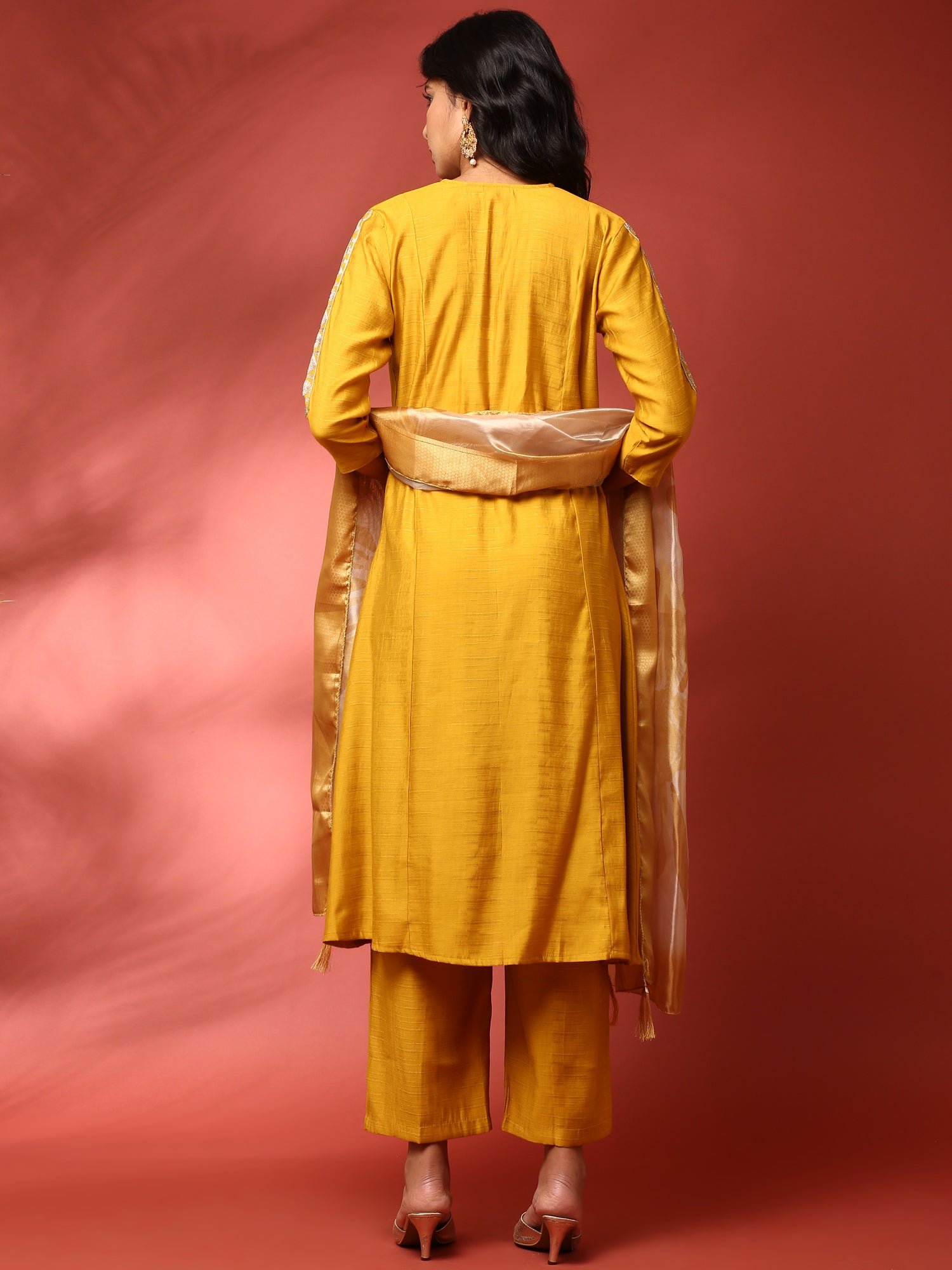 Mustard Silk embroidered three piece suit set - Image 3