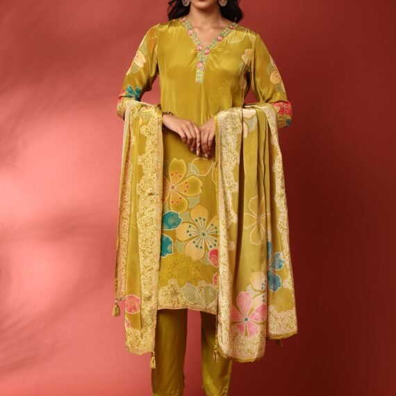 Mehendi green crepe three piece suit set