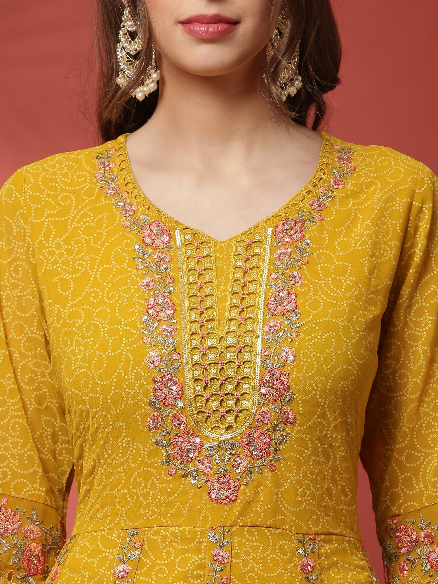 Mustard three piece georgette suit set with floral embroidery - Image 5