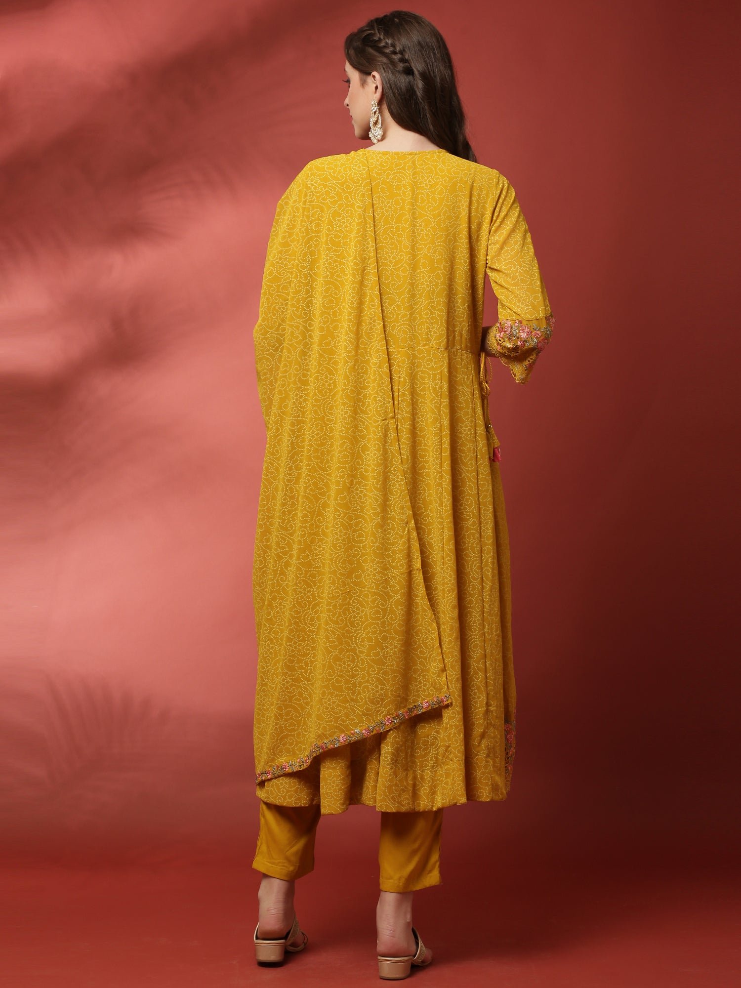 Mustard three piece georgette suit set with floral embroidery - Image 4