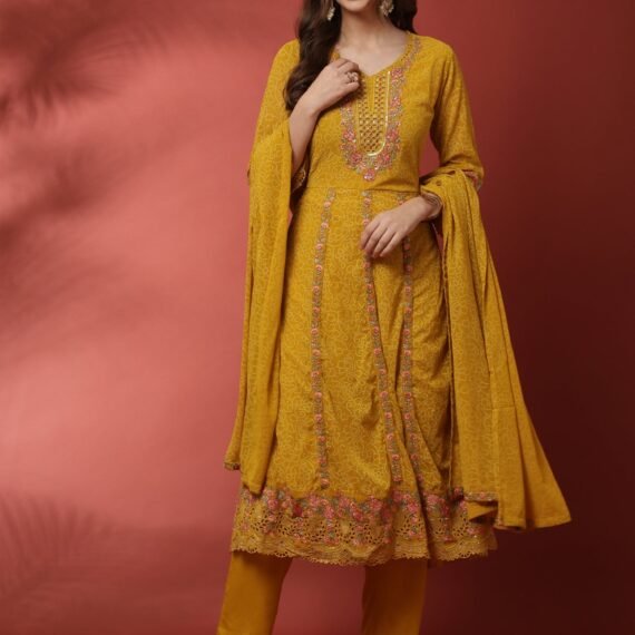 Mustard three piece georgette suit set with floral embroidery