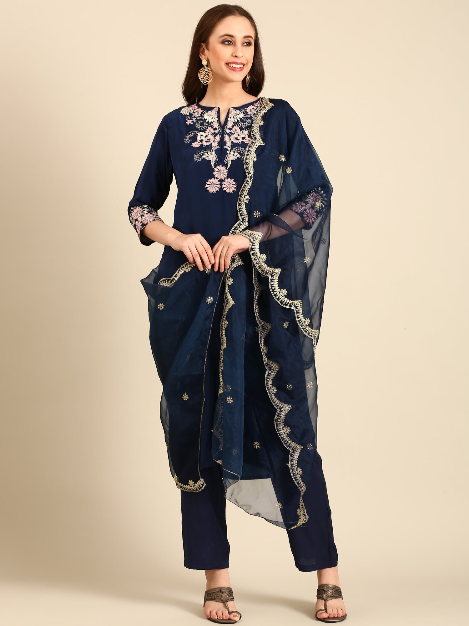 Midnight Blue thread work three piece crepe suit set with organza dupatta - Image 5