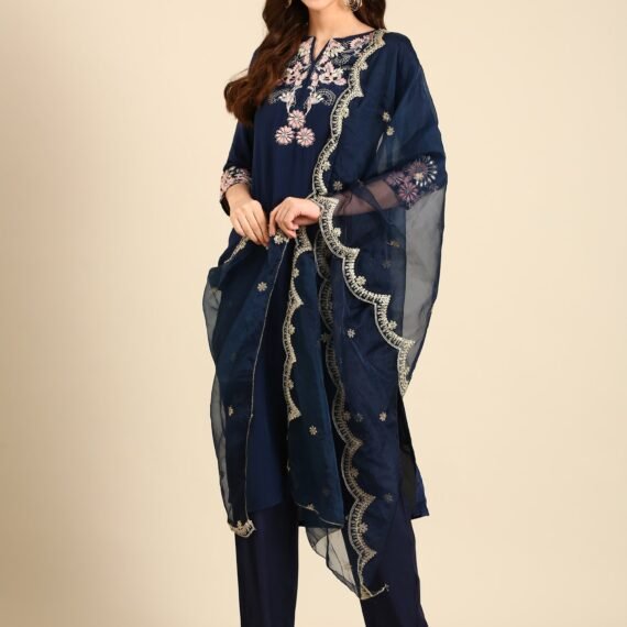 Midnight Blue thread work three piece crepe suit set with organza dupatta