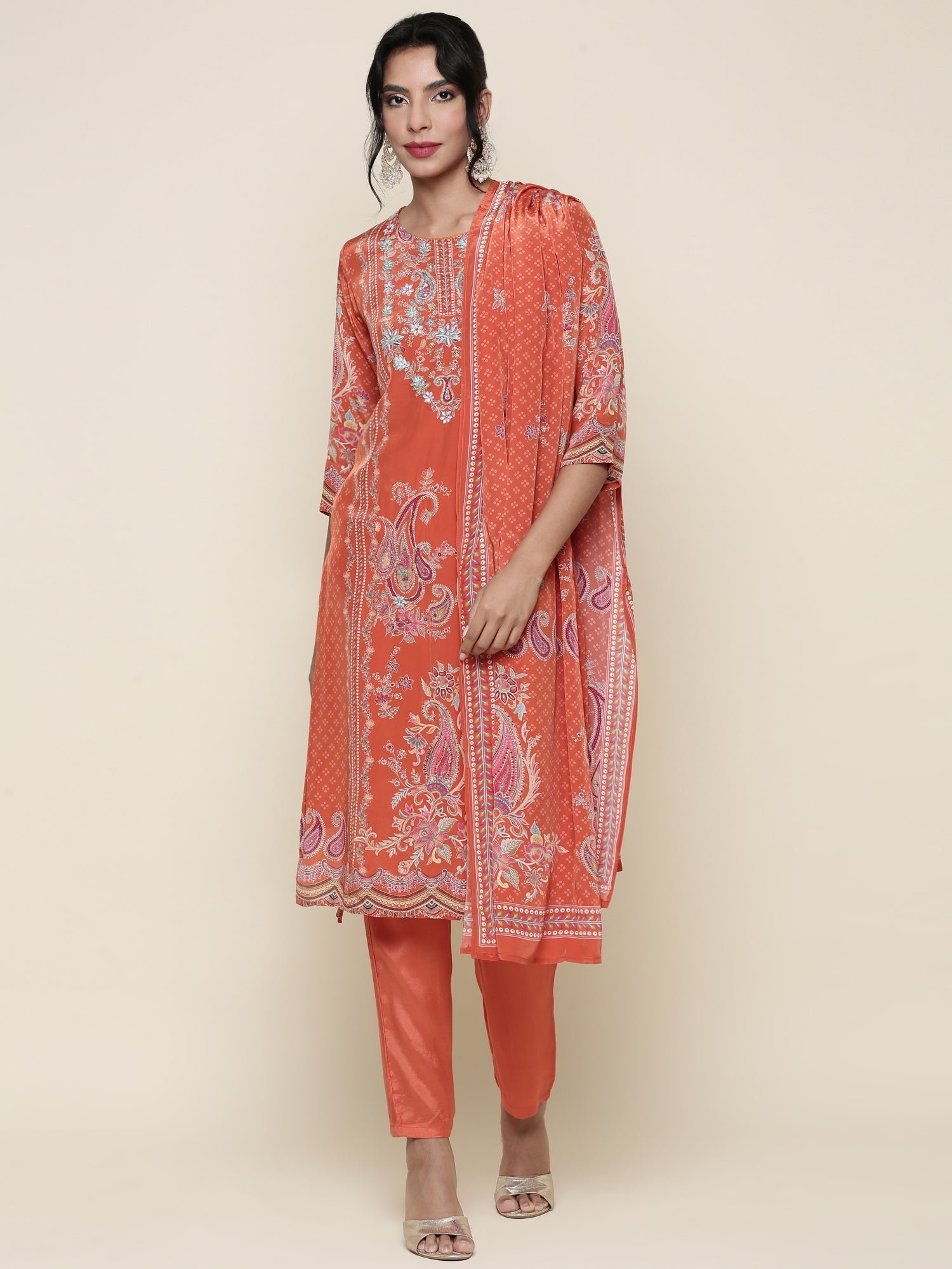 Burnt orange Digital printed crepe Three piece suit set - Image 2