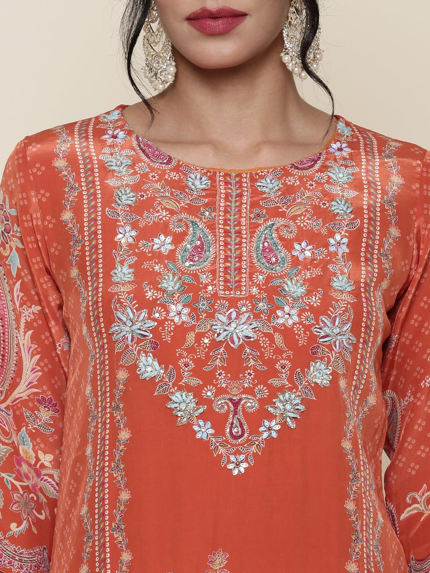 Burnt orange Digital printed crepe Three piece suit set - Image 5