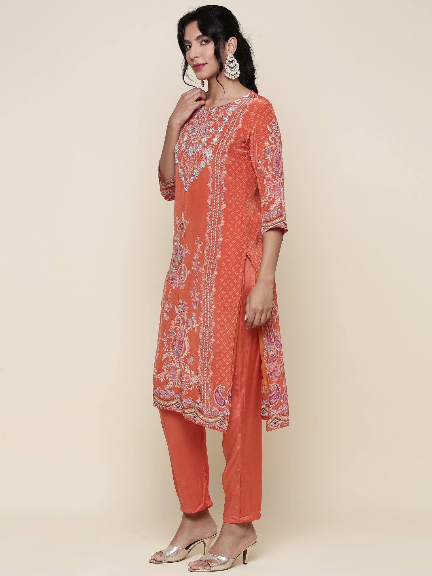 Burnt orange Digital printed crepe Three piece suit set - Image 3