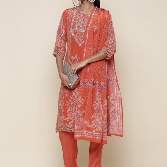 Burnt orange Digital printed crepe Three piece suit set