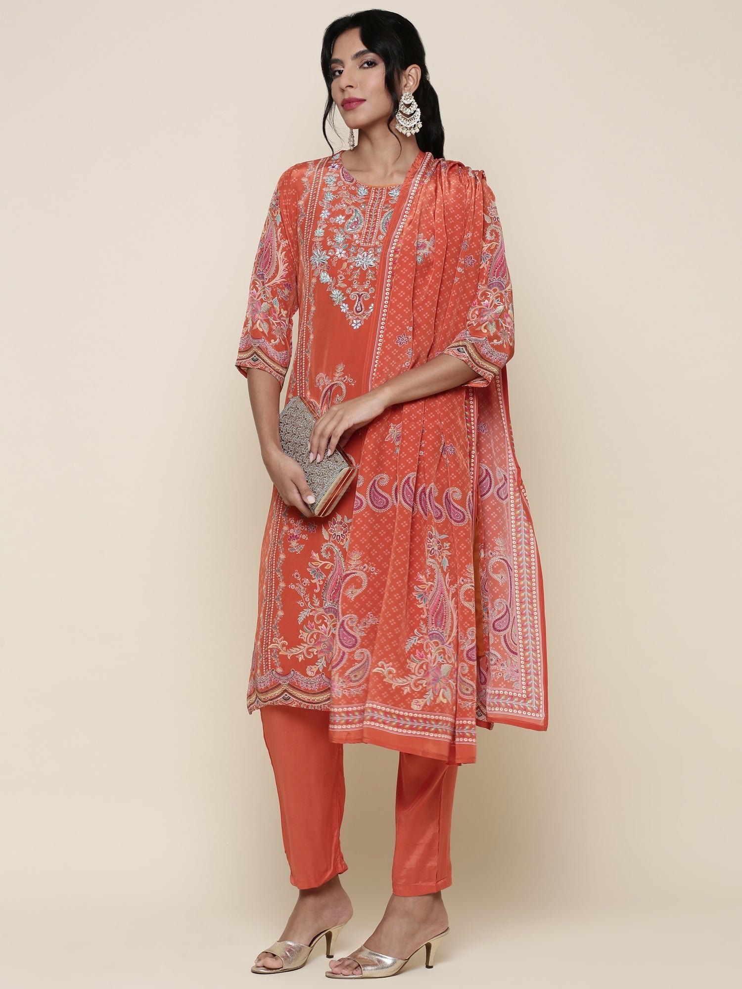 Burnt orange Digital printed crepe Three piece suit set