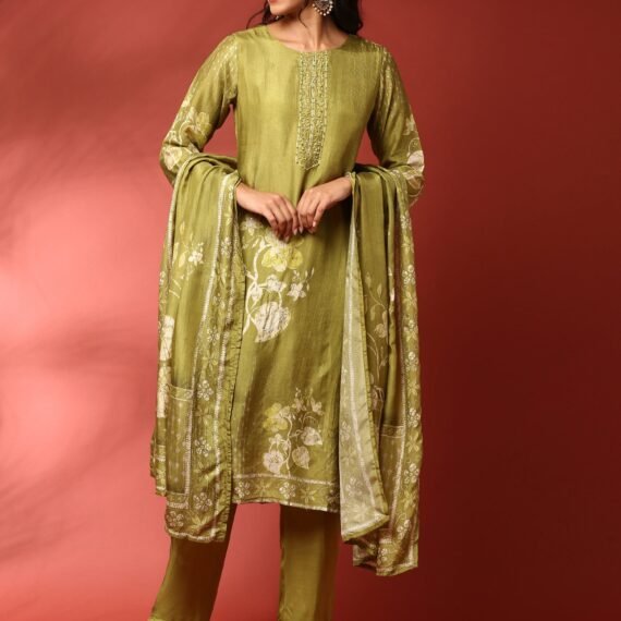 Green dola silk embroidered three piece suit set