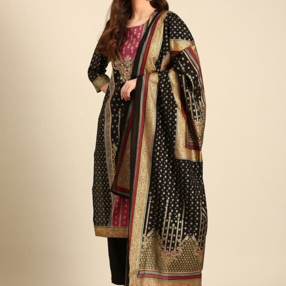 Black Foil printed kurta set with silk duppata