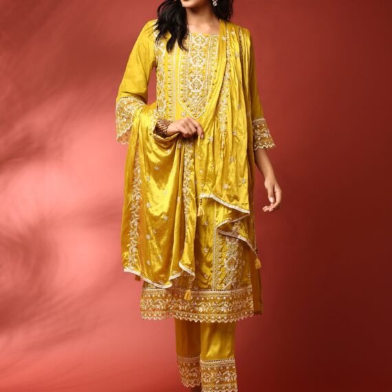 Green muslin heavy embroidered three piece suit set