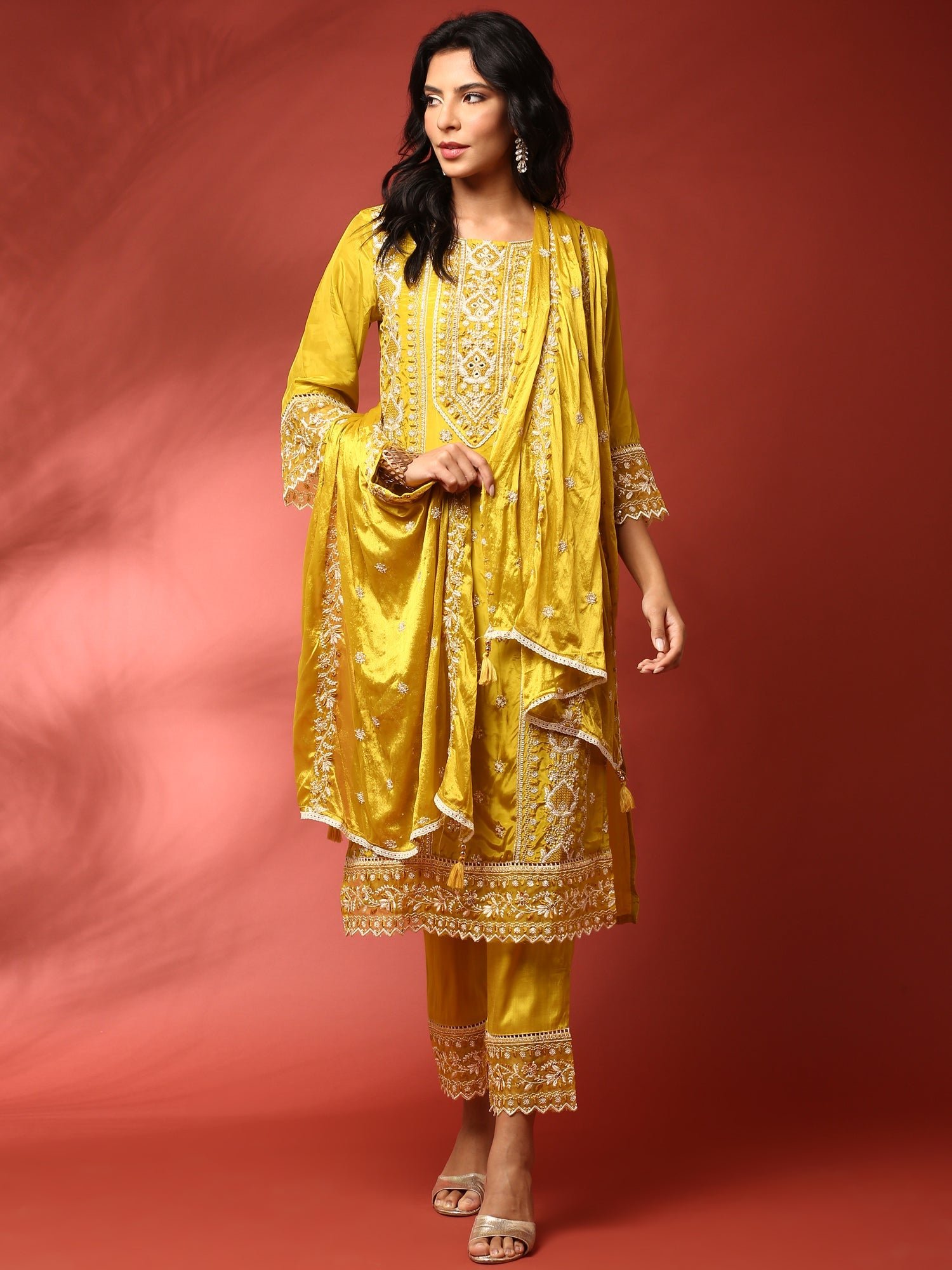 Green muslin heavy embroidered three piece suit set