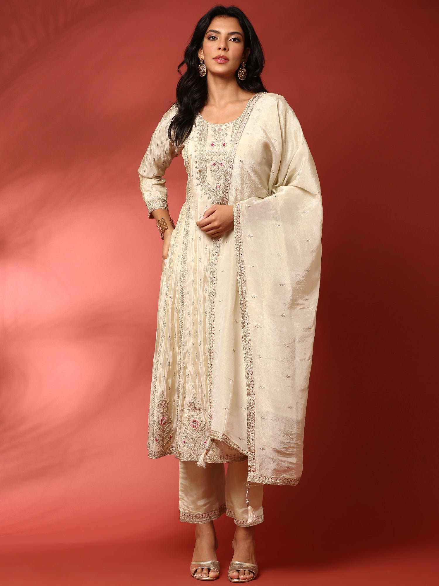Beige three piece tissue silk hand embroidered anarkali set - Image 5