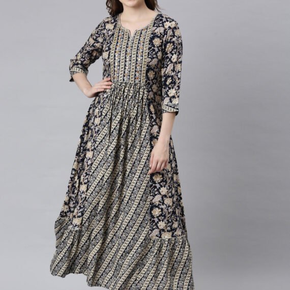 Sadguru Navy Blue Flared Maxi Dresses with Ethnic Motifs – Casual Ethnic Wear
