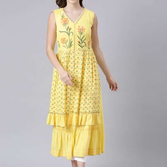 Sadguru Yellow Flared Solid Maxi Dresses – Casual, Flowy & Comfortable