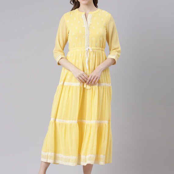 Sadguru Yellow Georgette Straight Maxi Dress with Ethnic Motifs – Casual Everyday Wear