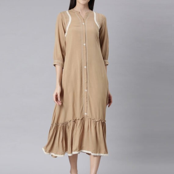 Sadguru Beige Curved-Cut Casual Solid Maxi Dresses