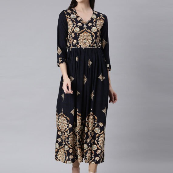 Sadguru Navy Blue Curved-Cut Casual Floral Maxi Dresses