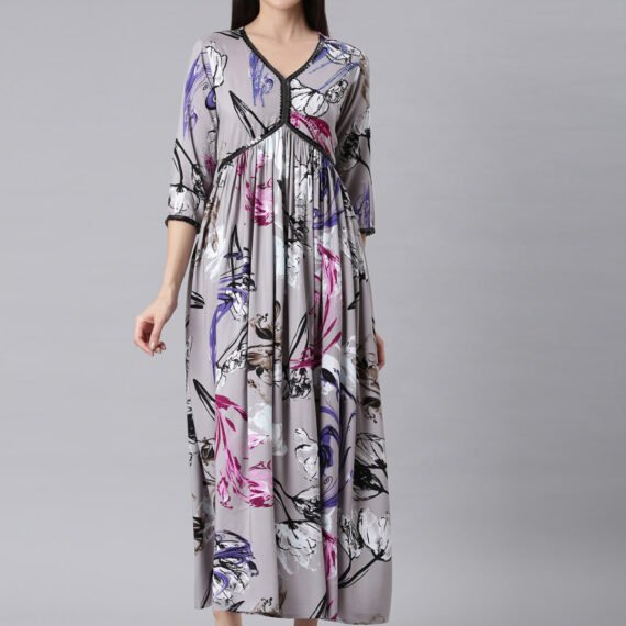 Sadguru Grey Asymmetric Casual Floral Maxi Dresses - Effortless Everyday Elegance