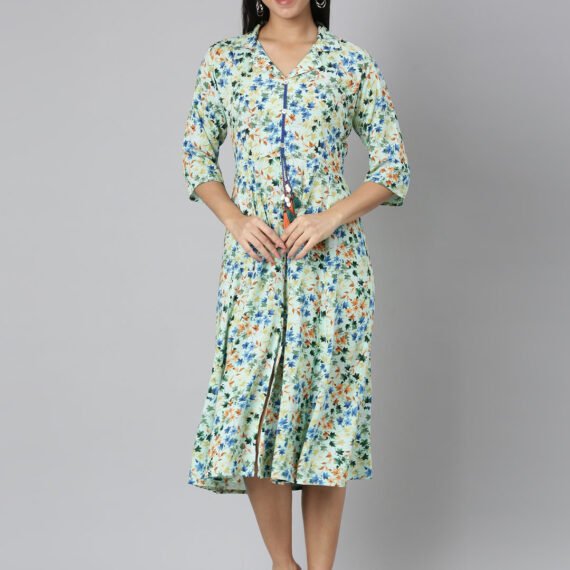 Sadguru Green Flared Floral Fit-and-Flare Dresses – Casual-Chic Style